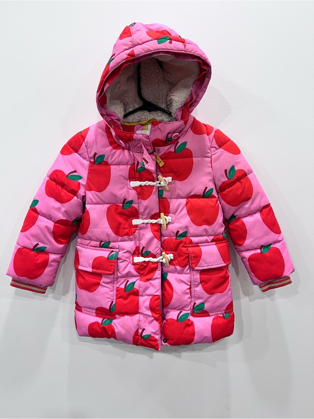 Mini Boden Girls 3-4Y Pink Apple Print Puffer Coat Sherpa Lined Hooded Jacket